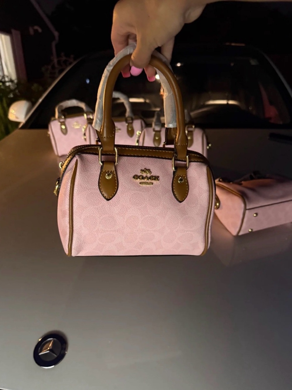 Coach Pink Mini Bowling Satchel with Brown Trim